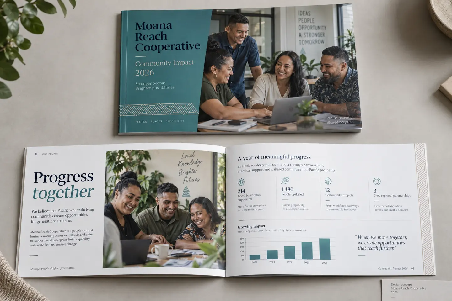 Moana Reach Cooperative community impact report, cover and open spread