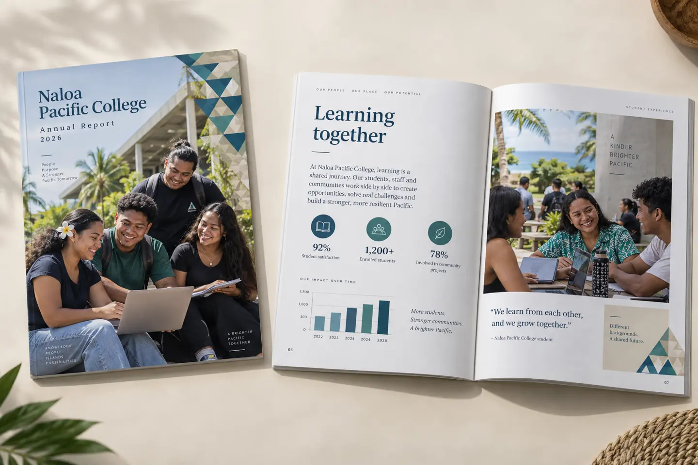 Naloa Pacific College annual report, cover and open spread