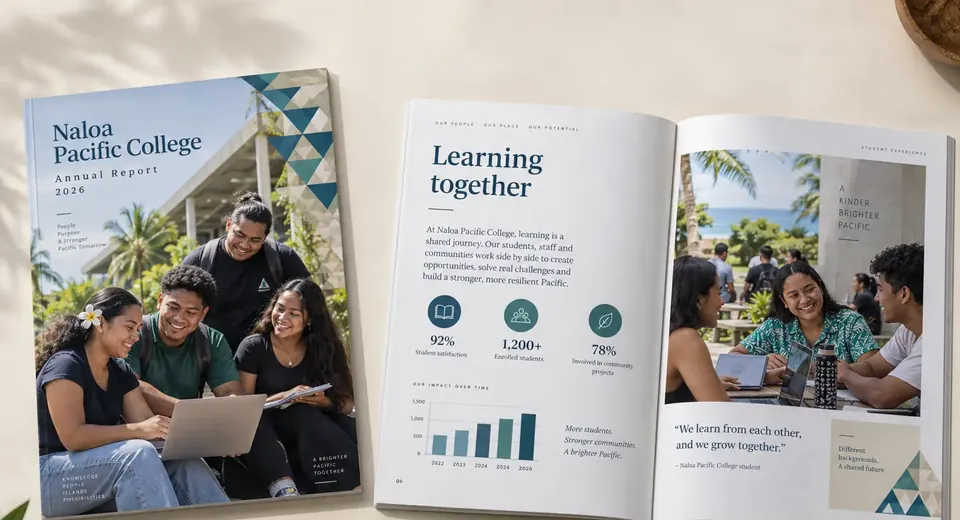 Naloa Pacific College annual report, cover and open spread