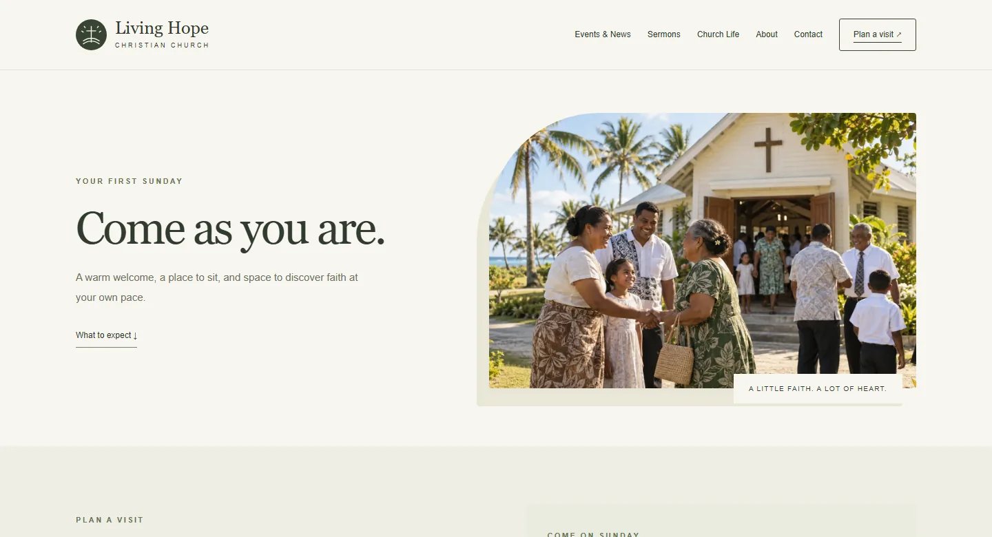 Plan a visit page with service times and what to expect