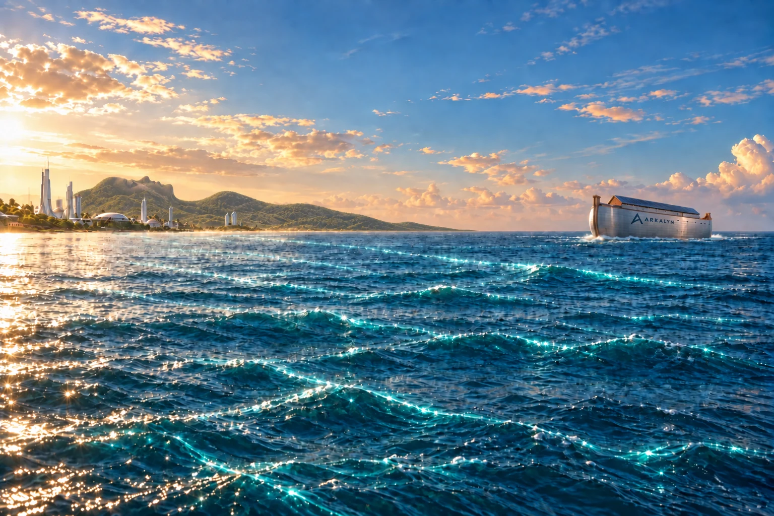 A silver Arkalyn ark crossing the Pacific toward a future coastal city